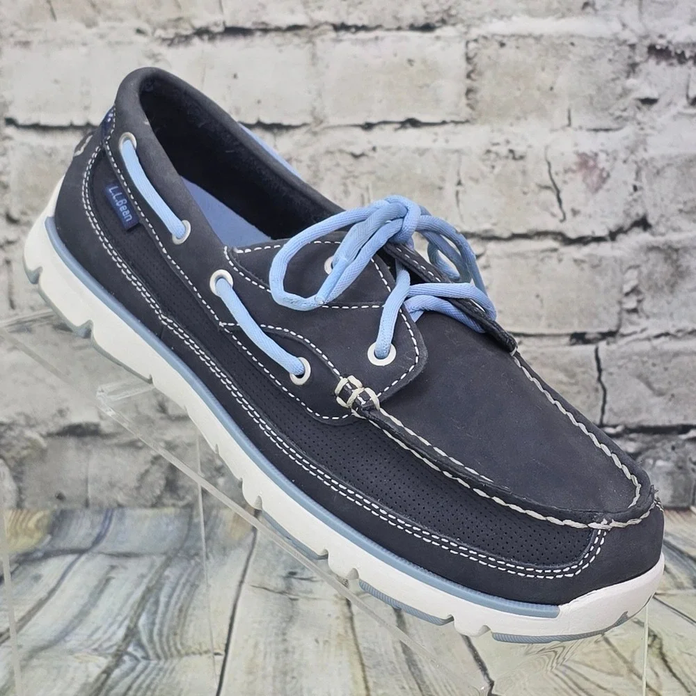 LL Bean Portlander Boat Shoes Womens 8 Medium Blue Leather Nautical Flag 293451